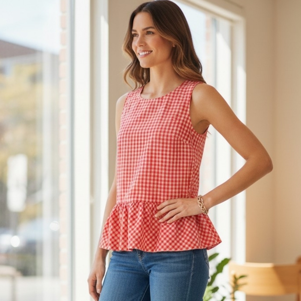 J. Crew Gingham Poppy Peplum Top Preppy Office Casual Blouse Summer Preppy